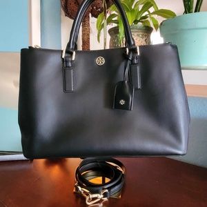 Tory Burch Robinson Double Zip Tote Saffiano Black Leather Large